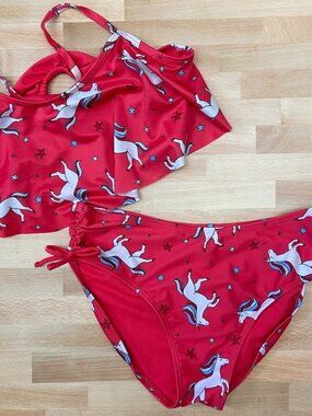 Cat & Jack Red Unicorn Tankini Swimsuit Girls XL 14-16 2 Piece